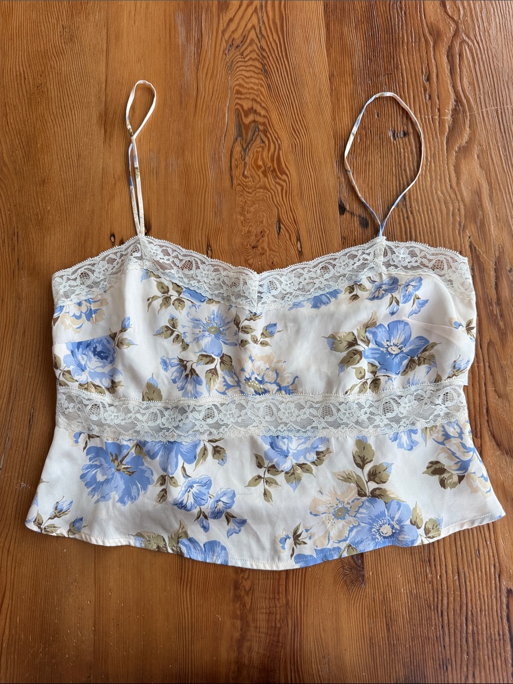 Reformation Cream Camisole with Blue Floral Print & Lace Trim